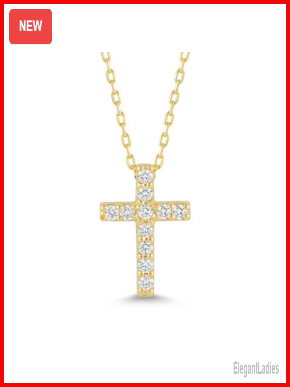 14K Solid Gold Pave Diamond Cross Necklace 18 Inch